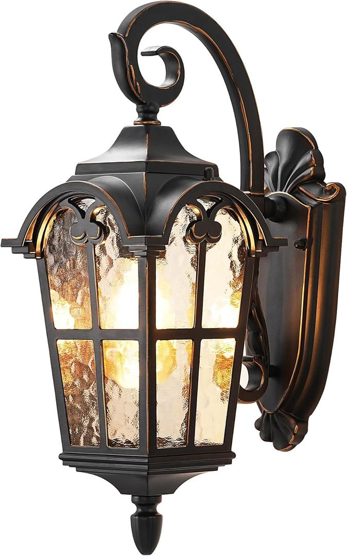 DEWENWILS Outdoor Wall Light Fixtures, Black Roman 17.7" H Exterior Wall Lantern, Anti-Rust & Waterproof, Water Ripple Glass, Outside Wall Sconce Porch Light for House, Garage