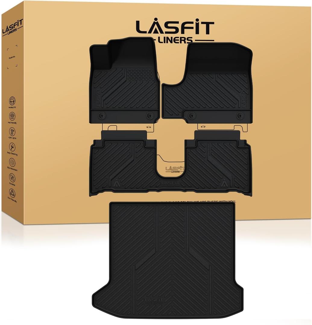 LASFIT Floor Mats & Cargo Mats Fits for Hyundai Ioniq 5 2024 2023 2022 Movable Console (Limited Models), All Weather TPE Custom Fit Floor Liners for 1st and 2nd Rows Car Mats & Trunk Mats, Black