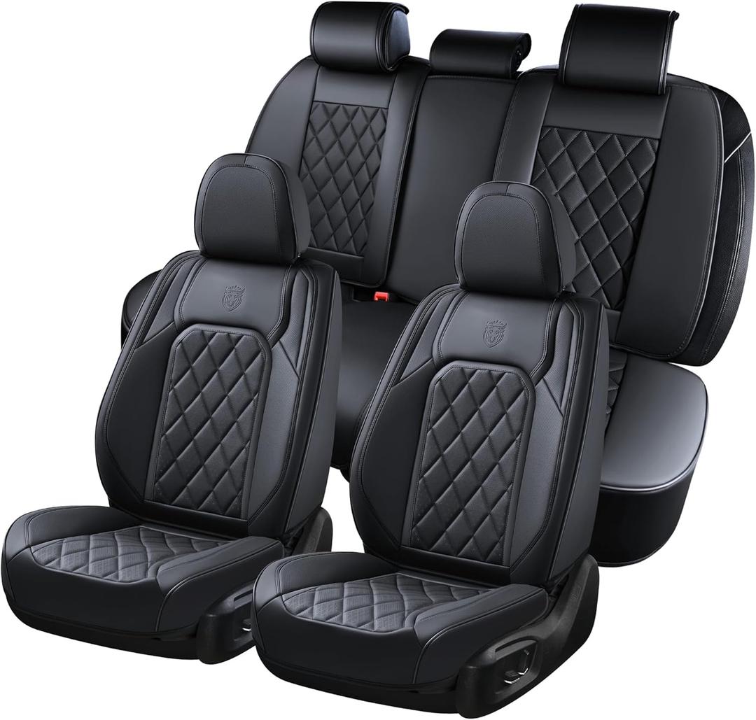 Coverado Car Seat Covers Full Set, Front and Back Seat Covers for Cars, Luxury Faux Leather Waterproof Seat Covers, Black Car Seat Covers, Car Seat Protector Accessories Universal Fit Most Vehicles