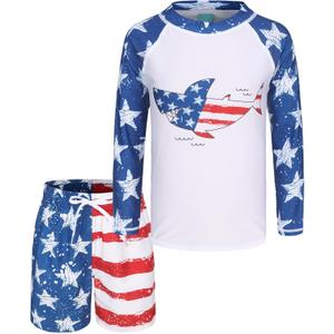 Boys Two Piece Rash Guard Swimsuits Set with Swim Trunk Kids Long Sleeve Bathing Suit Swimwear Set Flag Star Shark Size 14/12-14 Years