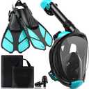 Mask Fins Snorkeling Gear for Adults, Full Face Snorkel Mask & Adjustable Swim Fins Snorkel Set, Panoramic View Snorkel Mask Dry Top Anti-Fog Anti-Leak (Black Green)