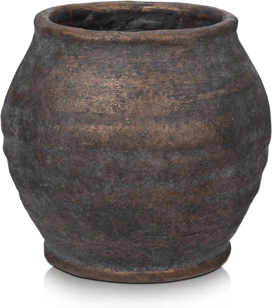 Briful Rustic Vintage Ceramic Pottery Vase, 6.1'' Farmhouse Table Decor with Distressed Texture, Wide Mouth Decorative Jar Vases for Home Decor, Shelf & Entryway, Brown