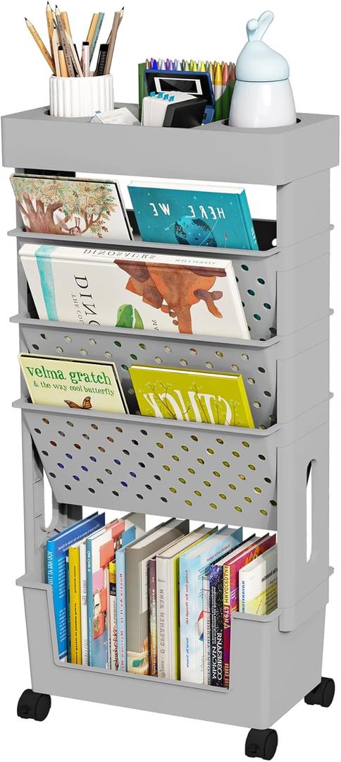 5-Tier Mobile Bookshelf, Rolling Bookcase Book Storage Rack, Movable File Folder Organizer Cart with Wheels for Home Study Office Living Room Classroom, Grey