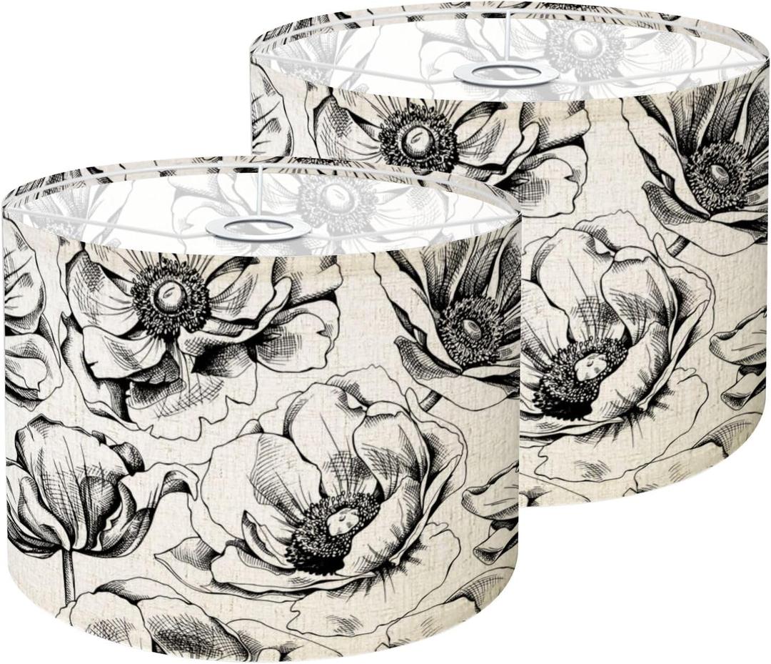 Lamp Shades Set of 2 Seamless pattern Anemones flowers black white Drum Lampshades for Floor Lamps Table Lamp Pendant Light 8.9"x11" Linen Shades Replacement Large Lamp Shade