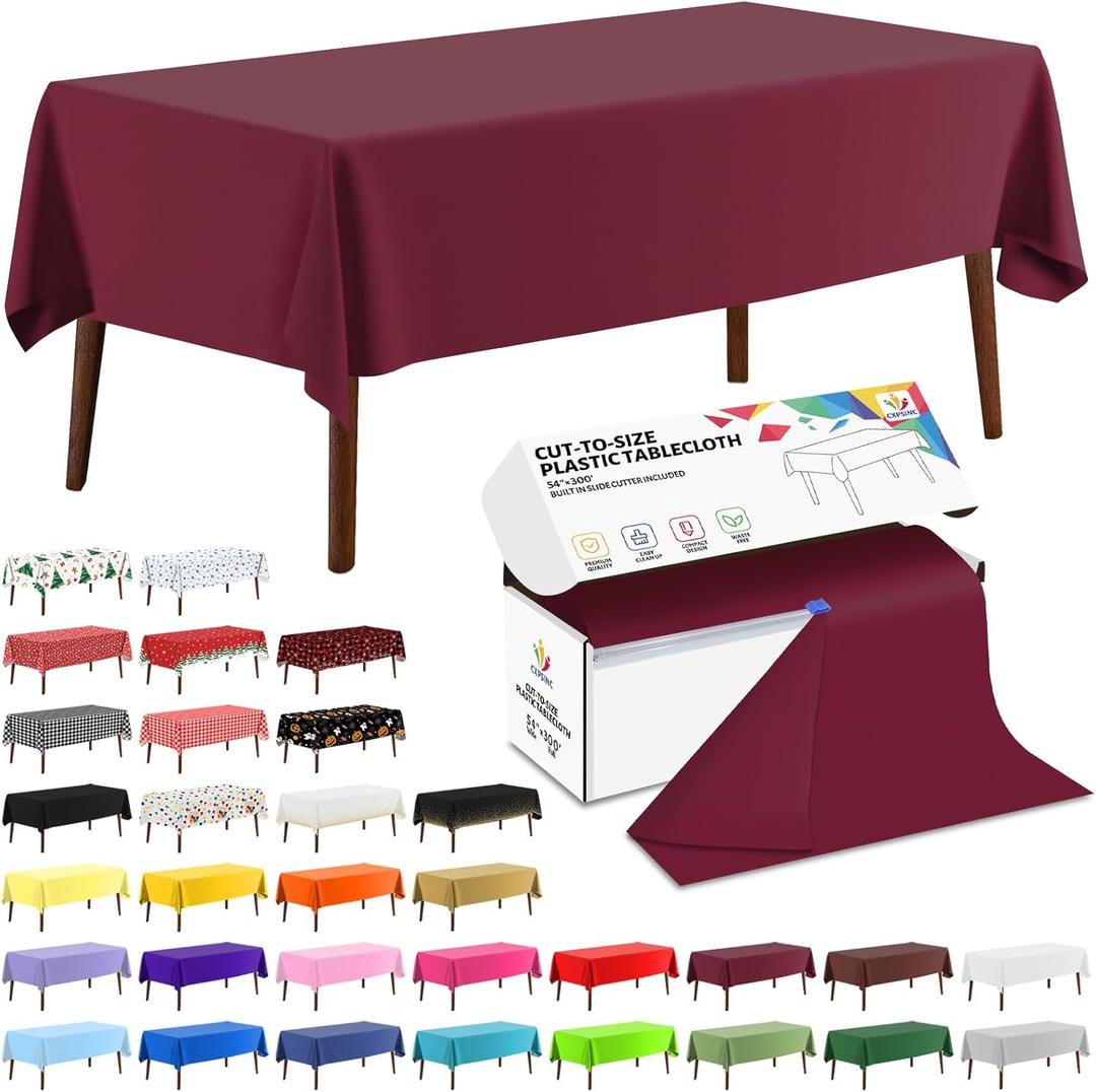 CXPSINC 54 Inch X 300 Feet Plastic Table Cover Roll Disposable Tablecloth with Slide Cutter for All Type/Shape Tables | Picnic, Party, Banquet, Birthdays, Weddings (Burgundy, 300 Feet)