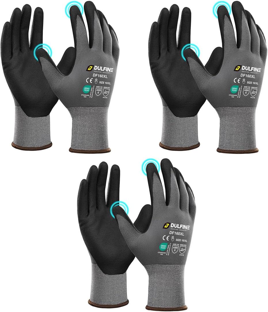 DULFINE Safety Work Gloves for Men & Women, MicroFoam Nitrile Coated Nylon Black Grip for General Purpose, 3/6/12/36 Pairs