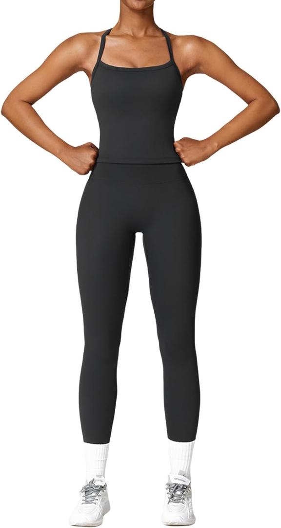 Womens Workout Sets Two Piece Cross Back Tank Top Matching High Waist Leggings Sets Gym Outfits Work Out Clothes (Medium, Black)