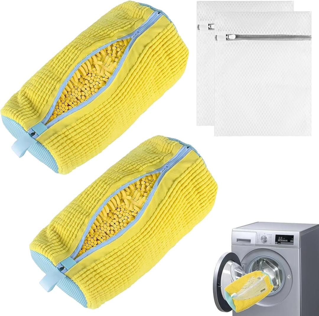 Shoe Washing Machine Bag, 2PCS Reusable Shoe Cleaning Bags for Washer and Dryer, Shoe Laundry Bag with Zipper Protection Design for Most Shoe Types, with 2 Laundry Bags (Yellow)