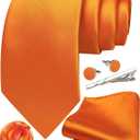Solid Color Ties for Men Silk Satin Necktie and Pocket Square Cufflinks Tie Clip Lapel Pin Set Wedding Business 5PCS (Orange)