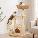 Ainpota Solid Wood Cat Tree for Kitten & Munchkin, Modern Cat Tower with Low-Rise Steps, Indoor Multi-Level Aesthetic Boho Cat Furniture with Space Capsule, Condo, Hand-Woven Bed,for Minuet & Napoleon