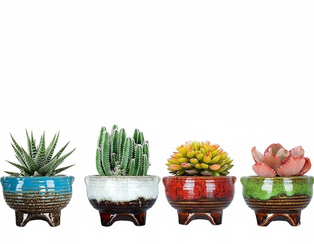 ARTKETTY Succulent Pots - 4.3 Inch Small Plant Pots with Drainage Set of 4, Ceramic Pots for Indoor Plants Glazed Cactus Flower Planter Container