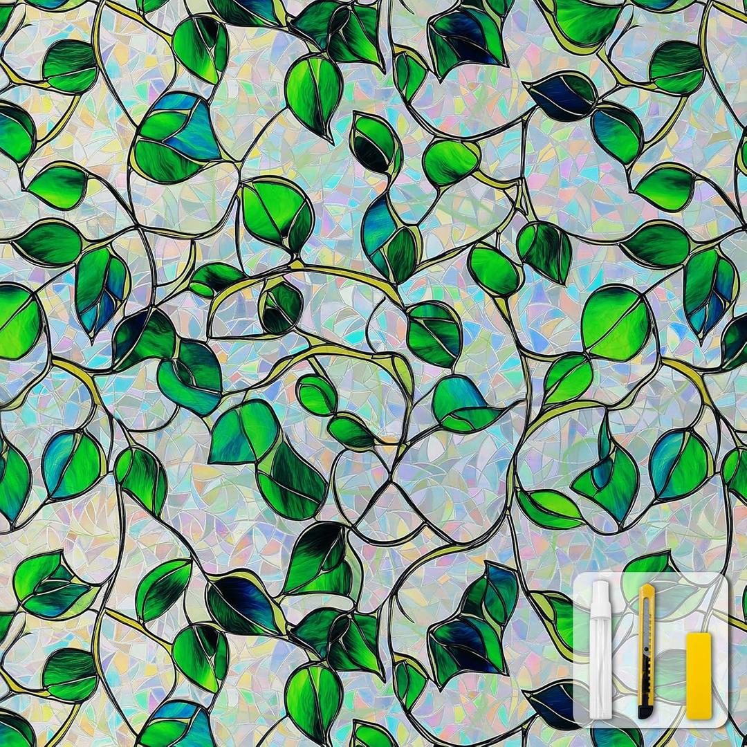 Window Privacy Film Stained Glass Decorative Static Clings Rainbow Window Tint for Home Room Decor Bathroom Door Car Stickers with Iridescent Effect, Removable(Blue & Green pothos Botanical) (45*157)