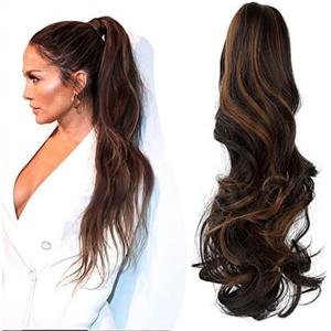 Mitrygreen Claw Clip Ponytail Extension 18" Clip in Wavy Ponytail Hair extensions Long Pony Tails for Women Extensions Dark Brown Mix Light Auburn Wave Hairpiece