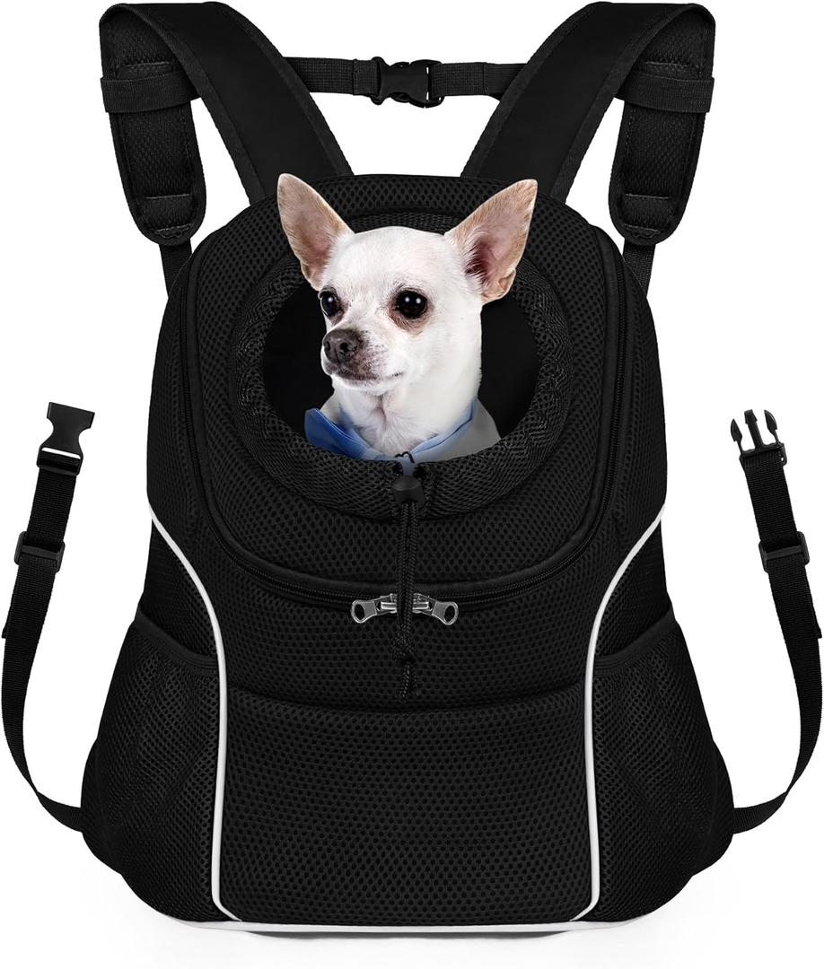 WOYYHO Pet Dog Carrier Backpack Small Dog Front Backpack Ventilated Dog Carrier Back Pack with Storage Pockets, Adjustable Straps & Safety Belt for Travel Hiking Outdoor(Size L: 10-14 lbs, All Black)
