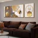 Azartslr Large Framed Modern Rose Gold Wall Art, Luxury 3 Pieces Aluminum Alloy Wall Decor for Living Room, Abstract Gold and Beige Home Bedroom Art Painting, Geometric Crystal Porcelain Artwork Dining Room Pictures Decoration