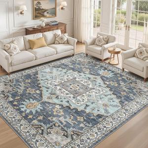 8x10 Washable Area Rugs for Living Room: Non Slip Vintage Blue Yellow Rug, Large Soft Stain Resistant Indoor Floor Carpets for Bedroom Dining Room Nursery Home Office Kid & Pet Friendly
