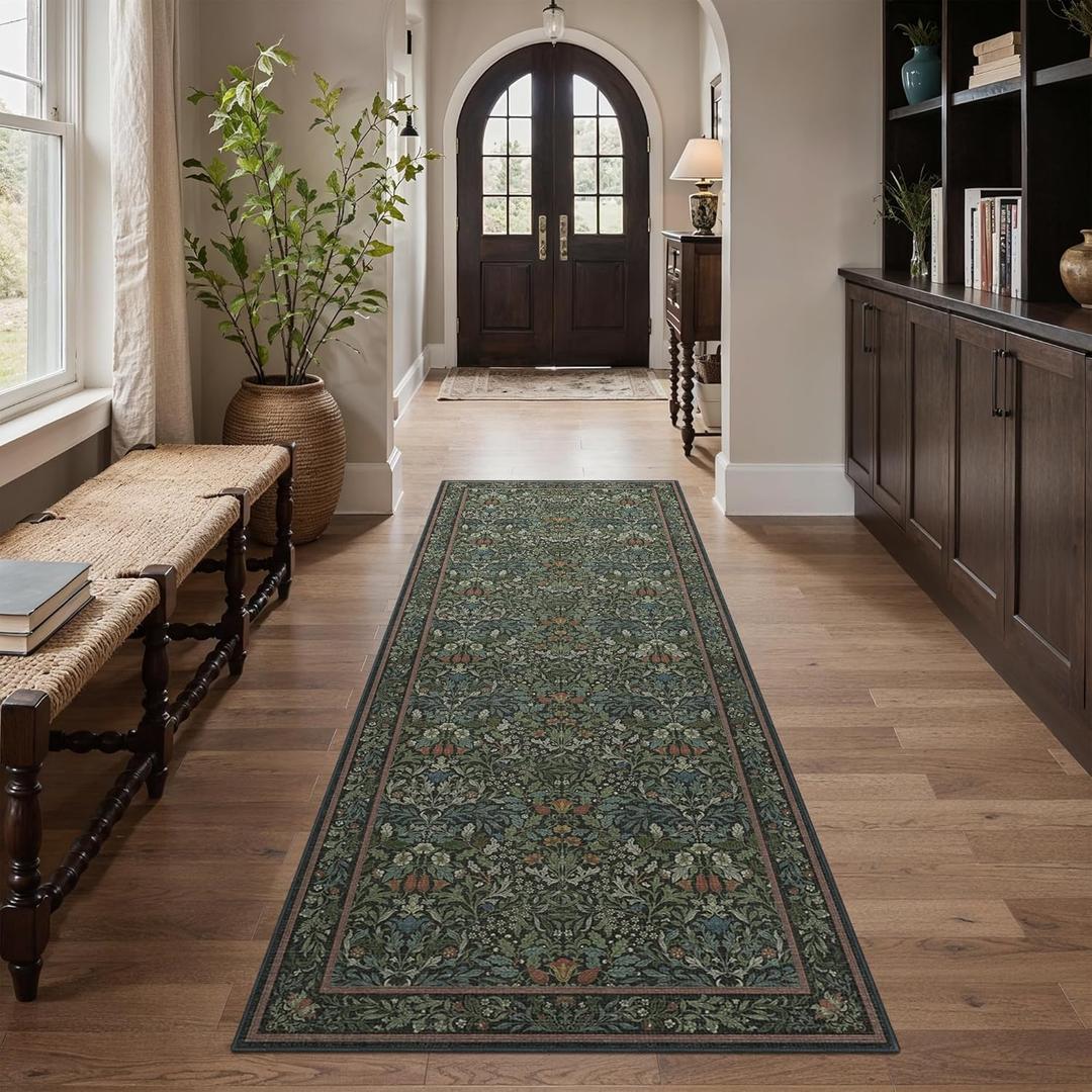 GENIMO Floral Washable Runner Rug 26x8, Non-Slip Long Hallway Carpet for Entryway, Kitchen, Indoor Floor Use, Vintage Boho Soft Thin Rug Dcor, Dark Green