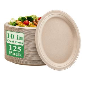 Vplus 100% Compostable Oval Paper Plates 10 inch 125 Pack Super Strong Disposable Paper Plates Bagasse Natural Biodegradable Eco-Friendly Sugarcane for BBQ, Party, Gathering, and Picnic