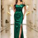 Miusol Women's Sexy Off Shoulder Satin High Split Ruched Style Evening Party Maxi Dress (Green, S)