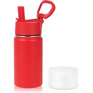 Volhoply 14oz KIds Stainless Steel Insulated Leakproof Water Bottle with Straw Lid and Silicone Boot,BPA-Free Easy Use for Boys&Girls,Double Wall Vacuum Bottles(Red,1)