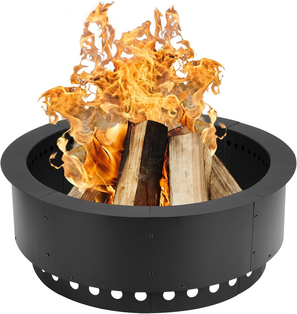 Aoodor 36 Inch Outer Round Smokeless Fire Pit Ring, 30 Inch Inner Double Layer Heavy Duty Metal Fire Pit Insert Liner for Backyard Bonfire Outside Picnic BBQ, Black