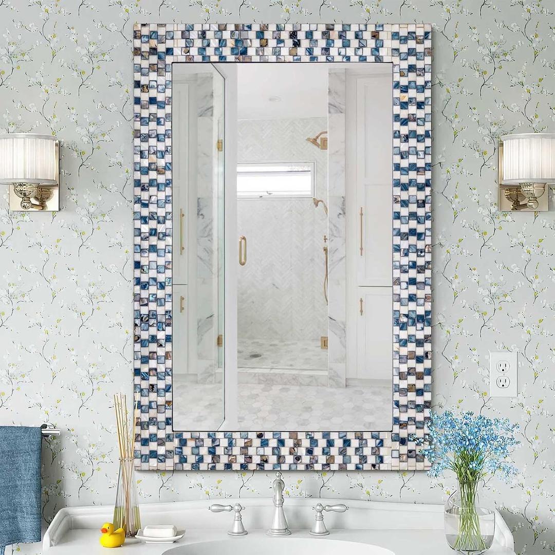 Chende Coastal Mirrors for Wall Decor, 36'' x 24'' Bathroom Vanity Mirror with Mosaic Frame, Elegant Blue White Mother of Pearl Mirror for Living Room, Dining Room, Fireplace, Entryway