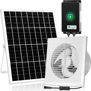 Solar Powered Rechargeable Exhaust Fan, 25W Solar 8" Ventilation Vent Fan with 66.6 Wh Battery Backup for Outside Greenhouse, Chicken Coop, Shed, Pet House
