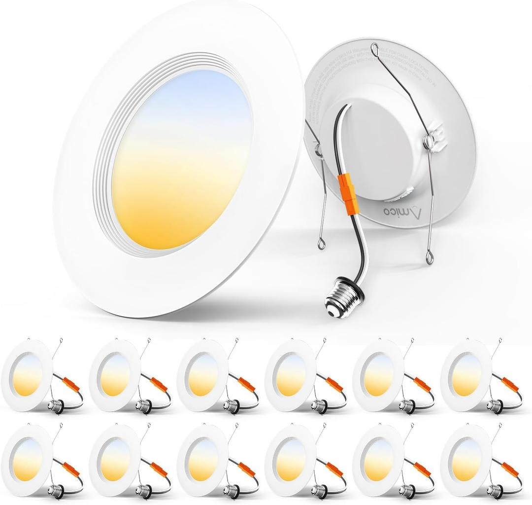 Amico 5/6 inch 3CCT LED Recessed Lighting 12 Pack, Dimmable, Damp Rated, 12.5W=100W, 950LM Can Lights with Baffle Trim, 3000K/4000K/5000K Selectable, Retrofit Installation - ETL & FCC Certified