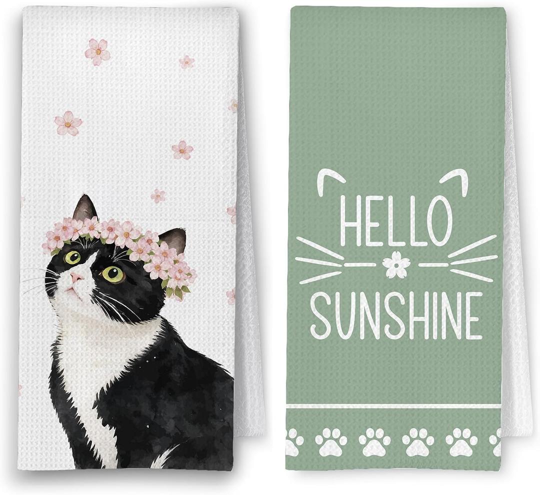 Hello Sunshine Cat Kitchen Towels Set of 2 | Set of 2 16x24 in floral cat towels with cute black and white cat design for kitchen, bathroom, or spring farmhouse decor.