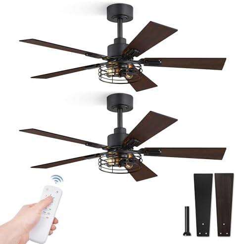 Fanbulous 2 Pack Farmhouse 42 Ceiling Fans with Lights, Black Industrial Caged Ceiling Fans for Bedroom Living Room, Double-Sided 5 Blades Rustic Ceiling Fan