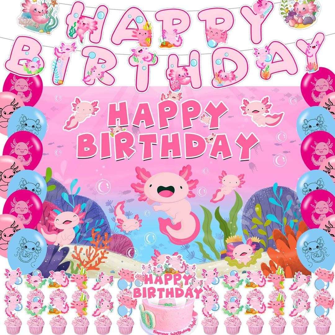 Axolotl Birthday Decorations, Pink Axolotl Happy Birthday Decorations Backdrop Banner Cake Cupcake Toppers Balloons for Girl Axolotl Party Supplies