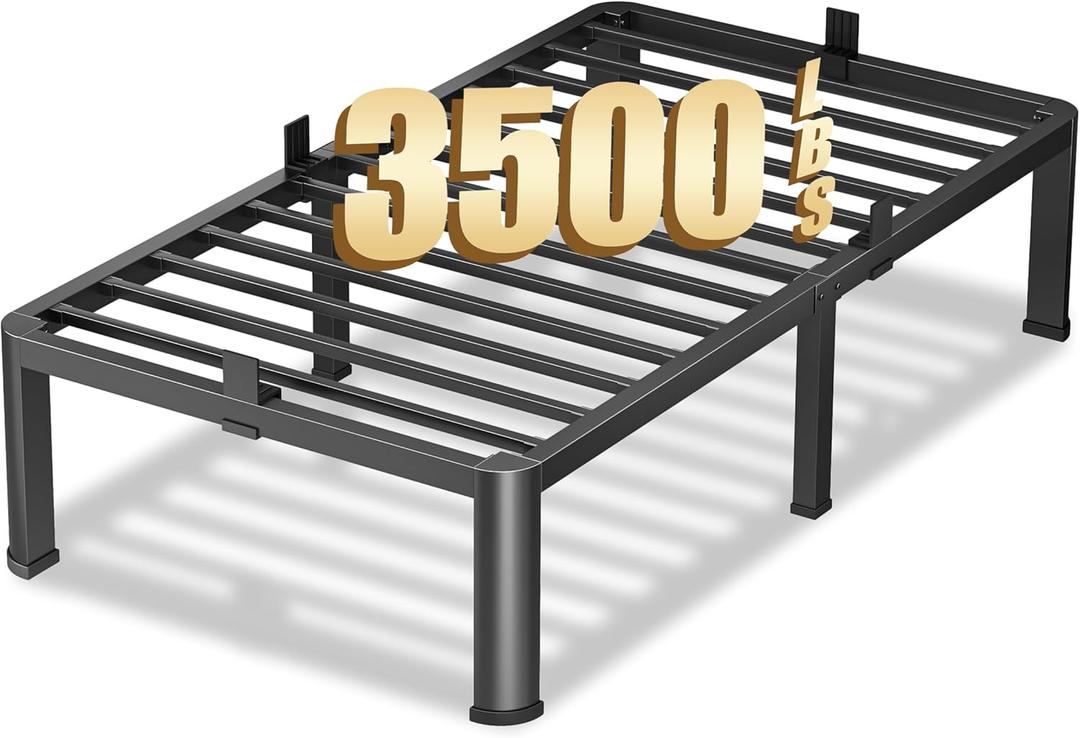 14 Inch Twin Heavy Duty 3500 lbs Bed Frame with Round-Corner Legs & Anti-Squeak Design  Quick Assembly Metal Platform, No Box Spring Needed