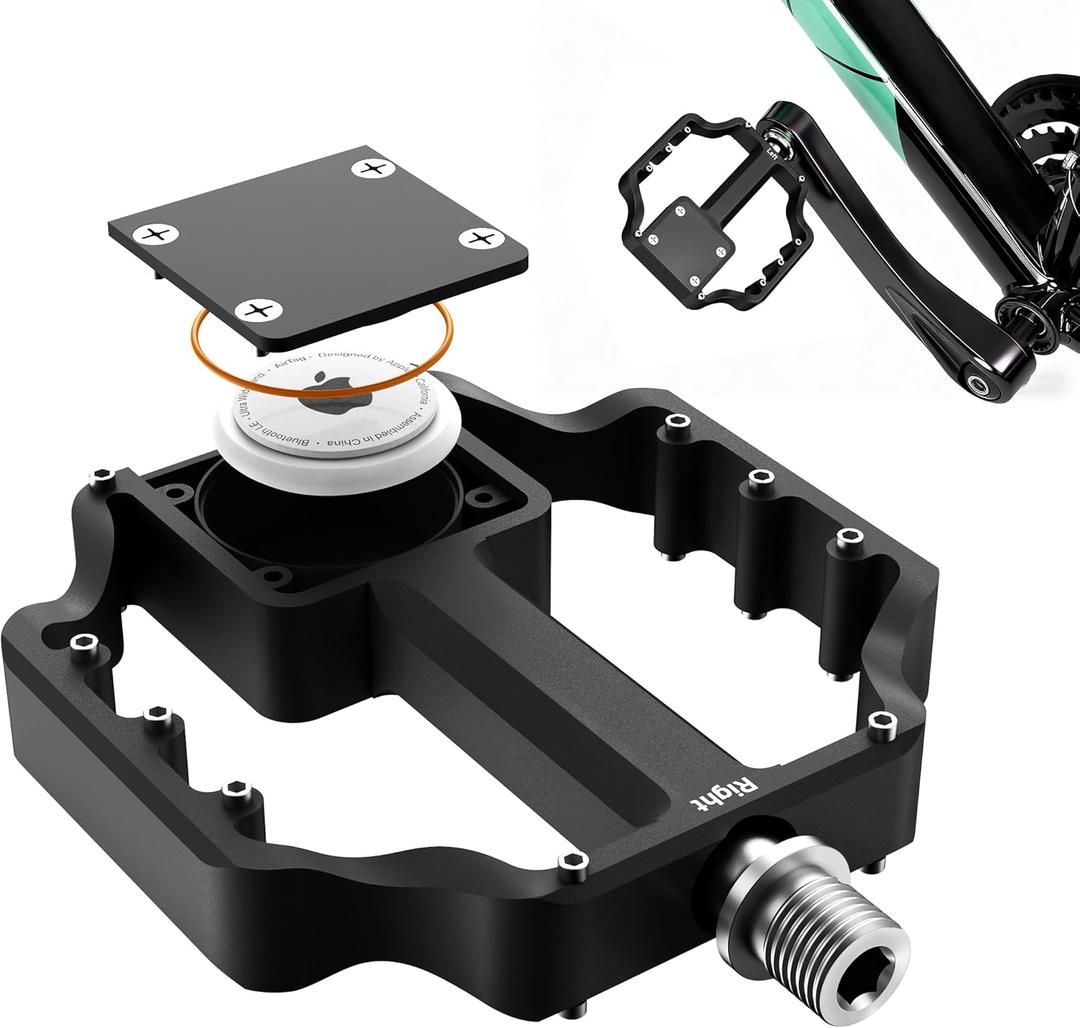 AirTag Bike Pedal Mount, Hidden Bicycle GPS Tracker Case Compatible with AirTag, Waterproof CNC Aluminum Flat Pedals with 9/16 Inch Thread, AntiTheft Design for Mountain, Road EBikes