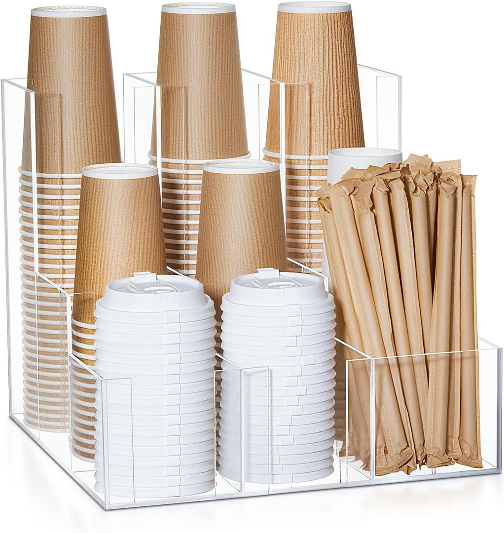 CroBlissful Acrylic Vertical Coffee Cup and Lid Dispenser, Coffee Condiment Organizer, 9 Compartment for Disposable Paper & Plastic Cup, for Cabinet Station Home Countertop Bar 13''l x 13''w x 12''h