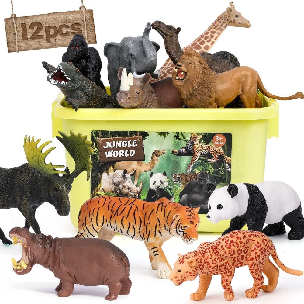 FRUSE Safari Animals Figures Toys, 12PCS Wild Zoo Figurines, Realistic African Jungle Playset With Panda, Lion, Elephant, Educational Learning Toys for Toddlers Kids 3-5