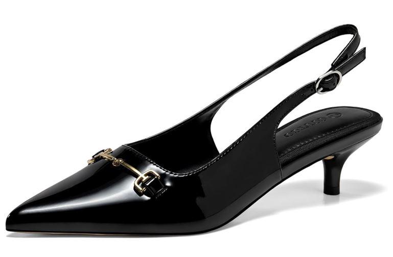 Coutgo Womens Slingback Kitten Heels Low Heel Dress Shoes Closed Pointed Toe Metal Chain Office Work Pumps, Black, Size 7