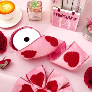 Whaline Valentine's Day Wired Edge Ribbon 2.7 Inch Pink Red Heart 3D Jacquard Velvet Embossed Fabric Wrapping Ribbon for Wedding Anniversary DIY Crafts Wreath Bow Making, 5 Yard