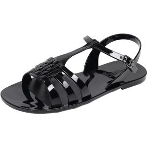 Women Sandals Jelly Shoes Flats Size 9 Beige T-Strap Crystal Jellies Slides Clear Rain Slippers Glitter Summer Beach Retro (11, Black)