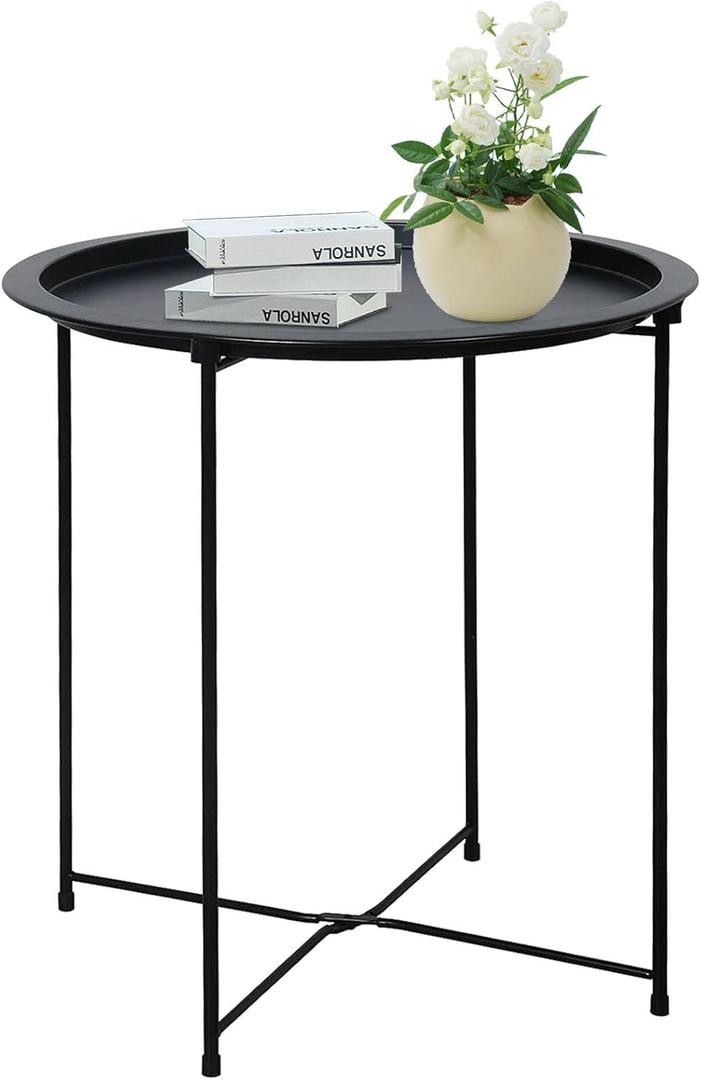 Garden 4 you End Table Metal Side Table Black Round Folding Tray Cyan Sofa Small Accent Fold-able Table, Round End Table Tray, Next to Sofa Table, Snack Table for Living Room and Bed Room