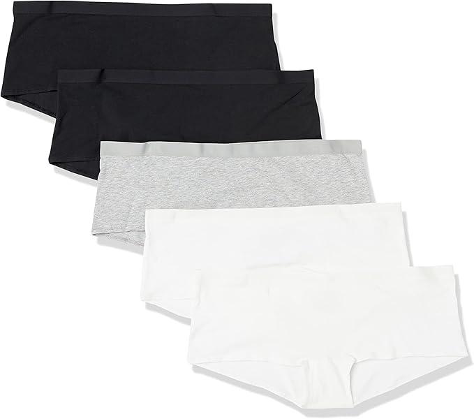 Amazon Essentials Women's Breathable Cotton Boyshort Underwear, Pack of 5, Black/ Grey Heather/ White, Medium