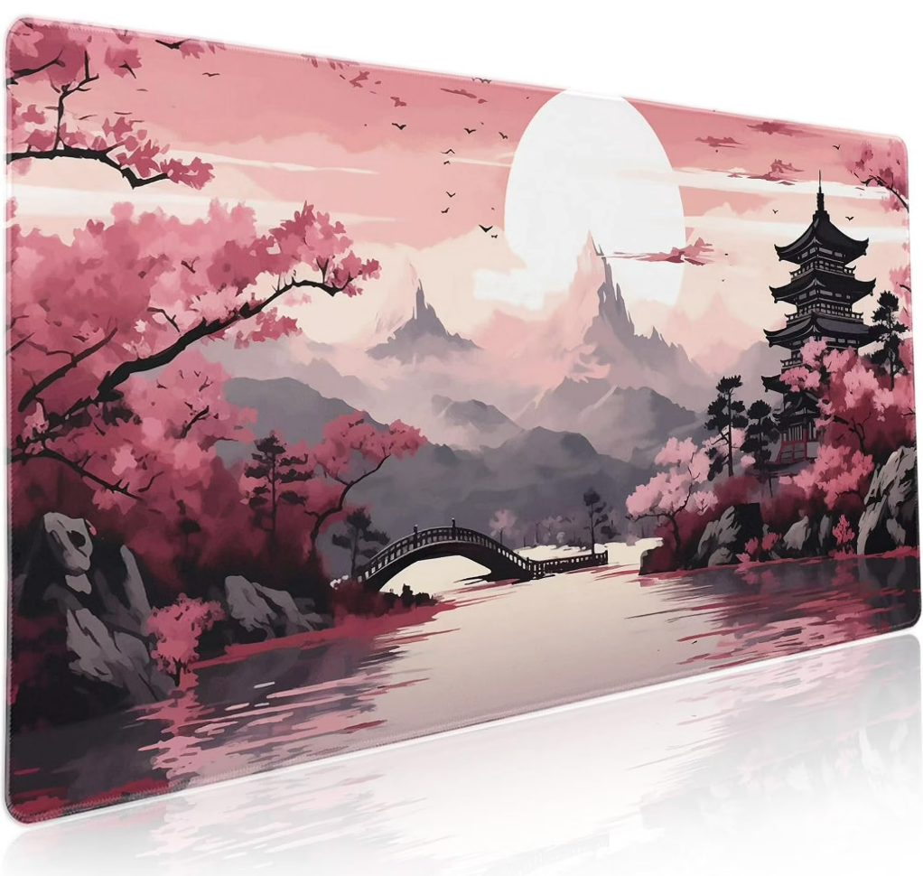 Pink Japanese Sakura Gaming Mouse Pad XXL Cherry Blossom Tower Mountain Landscape Big Extended Large Desk Mat Non-Slip Rubber Base Stitched Edge Long Mousepad for Computer Gamer 