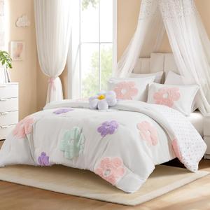 Intelligent Design Kids Full Comforter Set for Girls, Tufted Chenille Floral Comforter Set Queen, Lightweight Polka Dot Reversible Bed Set, Shams, Pillow, Gracie, Full/Queen White/Purple 4 Piece