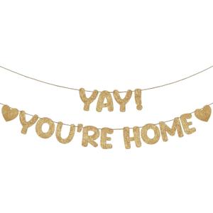 Fulmoon Pre Strung Yay You're Home Banner Glitter Welcome Home Party Decorations Funny Welcome Sign for Women Men Back to School Military Army Returning Party Sign(Champagne Gold)