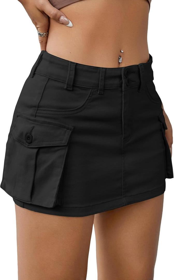 EARKOHA Women's Mini Cargo Skirt Y2K Low Waist Button Short Bodycon Denim Jean With Flap Pockets, Large, Black 