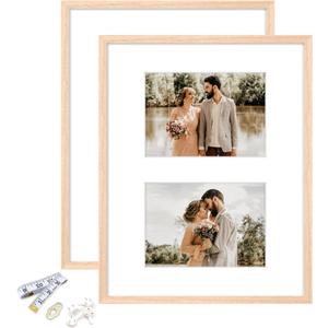ATOBART 11x14 Picture Frame, OAK Wood Photo Frame 8x10 with Mat or 5x7 with 2 Mat with Perspex Glass for Vertical or Horizontal Tabletop Wall Display for Photo, Painting, Poster, Set of 2 (11x14, set of 2, OAK Wood-Mat)