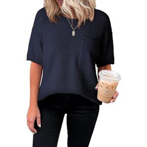 Dokotoo Womens Sweaters Casual Crewneck Short Sleeve Lightweight Knit Trendy Pullover Sweater Tops Spring Summer Outfits, L