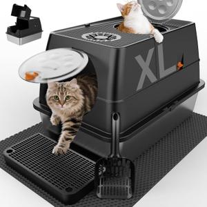 Stainless Steel Litter Box 24" with Lid, XL Extra Large Litter Box, Enclosed Top Entry Metal Litterbox for Big Cat, Easy Cleaning, Anti-Leakage & High Sided with Mat, Aisle & Scoop Black