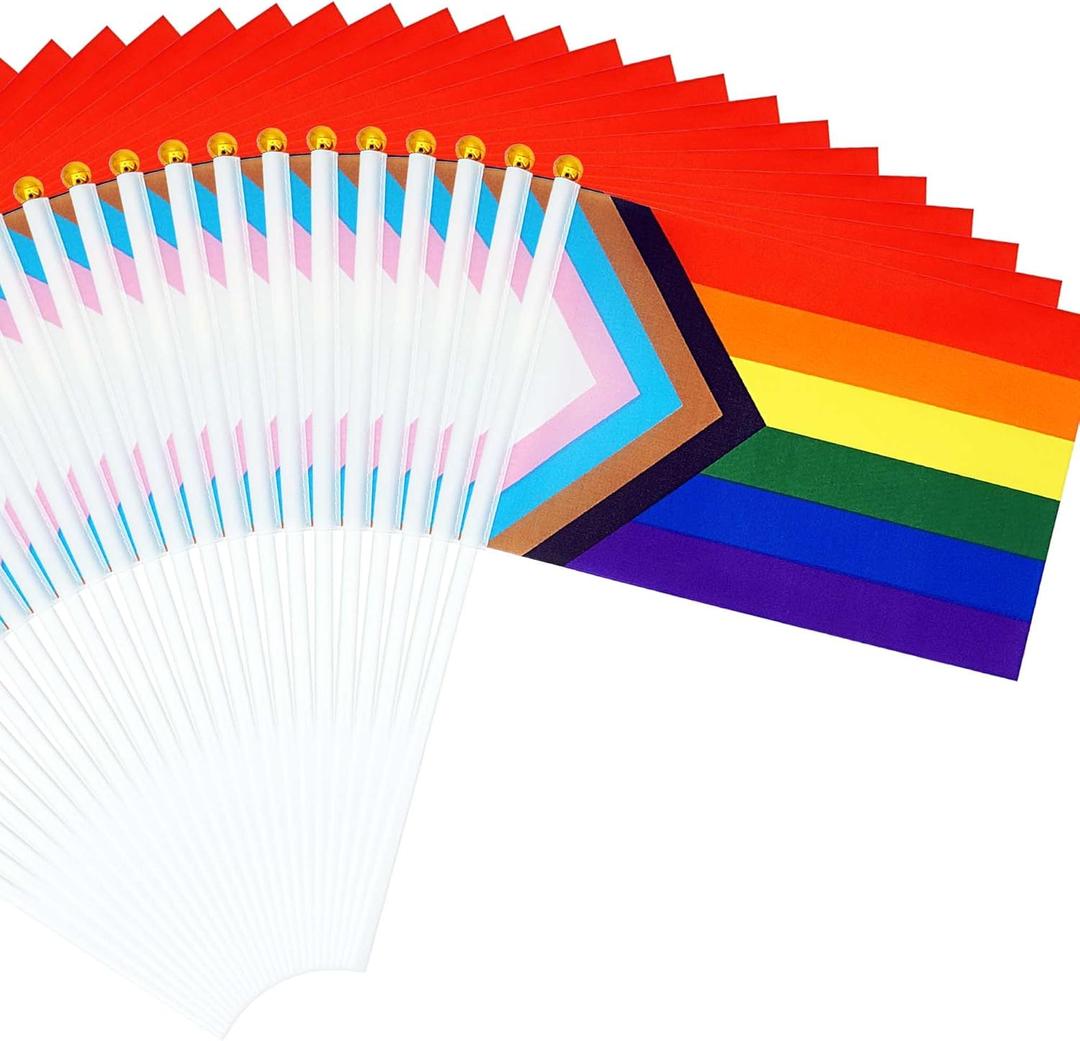 50 Pcs Progress Pride Flags Decorations LGBTQ Accessories Gay Pride Flag Rainbow Flags Stuff Hand Held Stick Small Flags Bulk for Parade Rainbow Festival Party