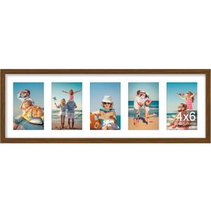 decorUhome 8x24 Picture Frames Collage Wall Decor, Display 5Pcs 4x6 Photos with Mat or 1Pcs 8x24 Unmatted, 5 4x6 Collage Picture Frames for Wall Mounting, Brown