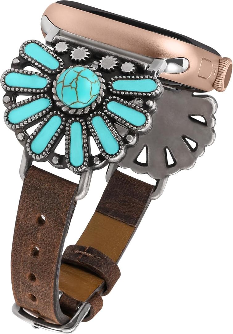 W-RARA Leather Band Compatible with Apple Watch Band Women 38/40/41/42/44/45/46/49mm, Boho Western Vintage Turquoise Ethnic Antique Style Strap for iWatch Series Ultra 2 SE 11 10 9 8 7 6 5 4 3 2 1